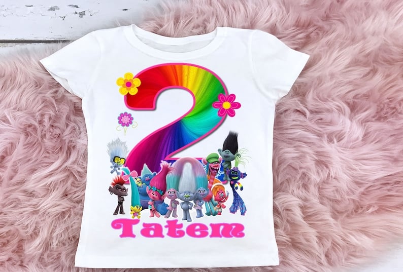 Personalized Name Age Trolls World Tour Birthday Shirt Onesis Kid Youth V-neck Unisex Cute