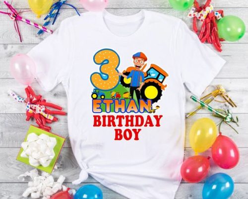 Personalized Name Age Blippi Birthday Shirt Onesis Kid Youth V-neck Unisex